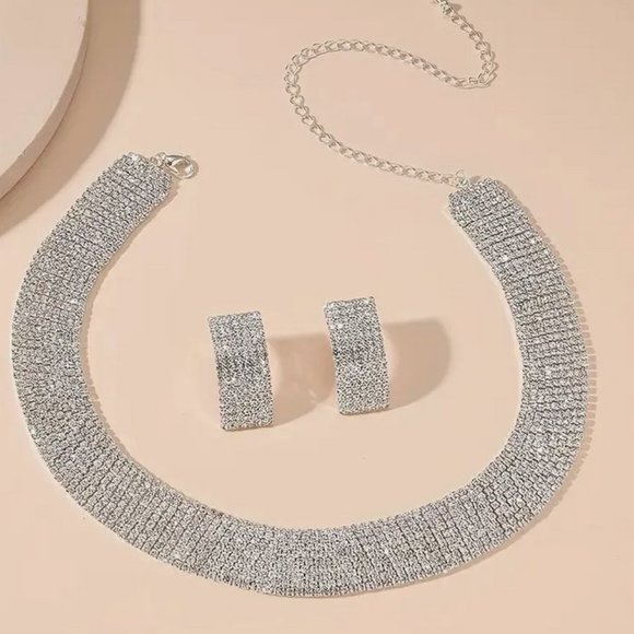 3pc Rhinestone Necklace & Earrring Set Silver Plated Inlaid Jewelry for Women - Picture 4 of 6